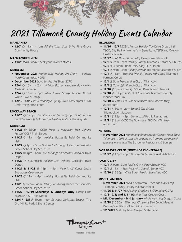 Tillamook County Holiday Happenings Tree Lightings, Holiday Markets