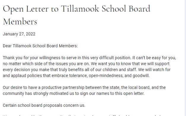 ADD YOUR SIGNATURE Open Letter To Tillamook School Board Members