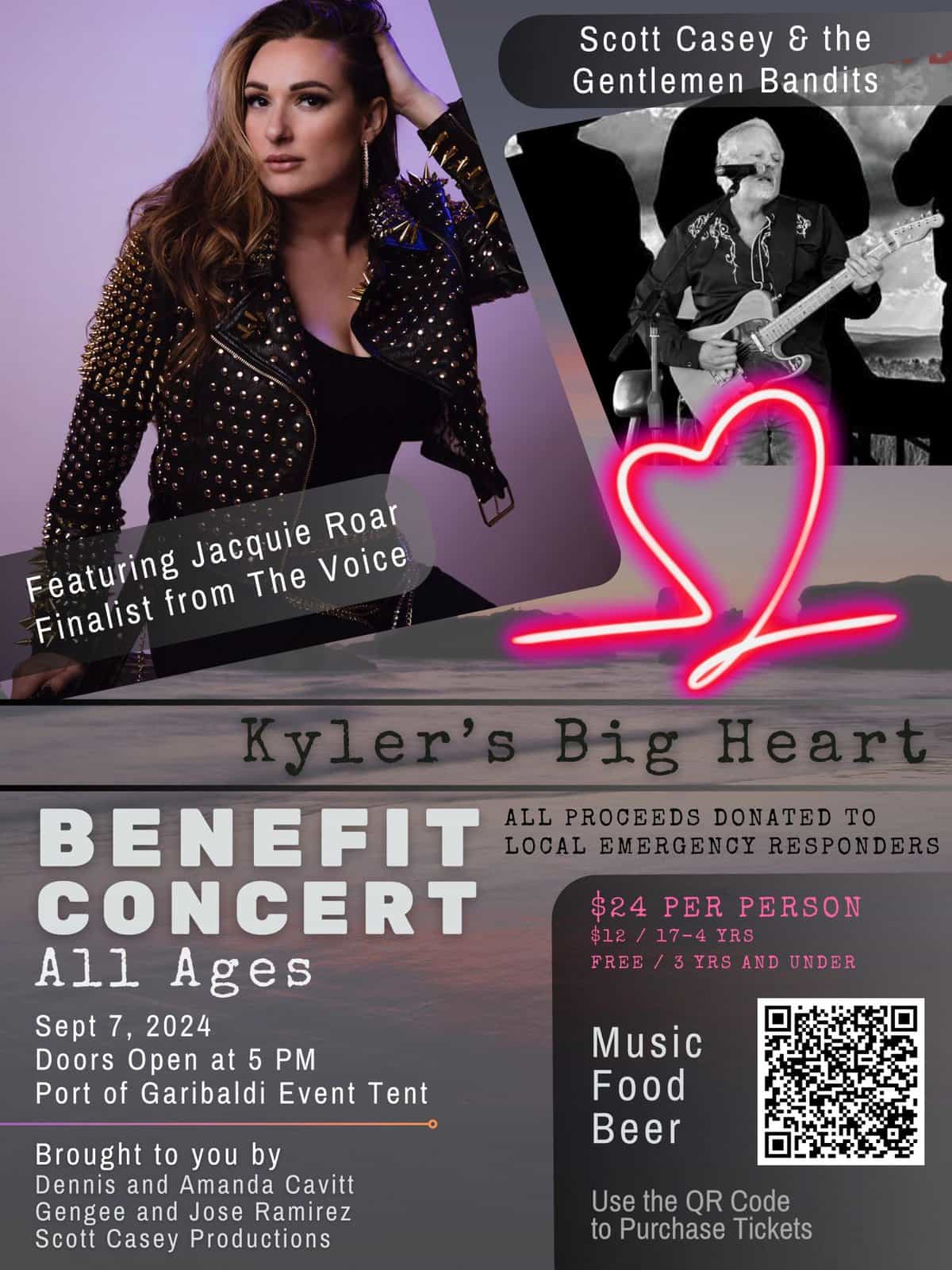 Benefit concert “Kyler’s Big Heart” on September 7th with Jacquie Roar in the Garibaldi event tent; tickets are selling fast!