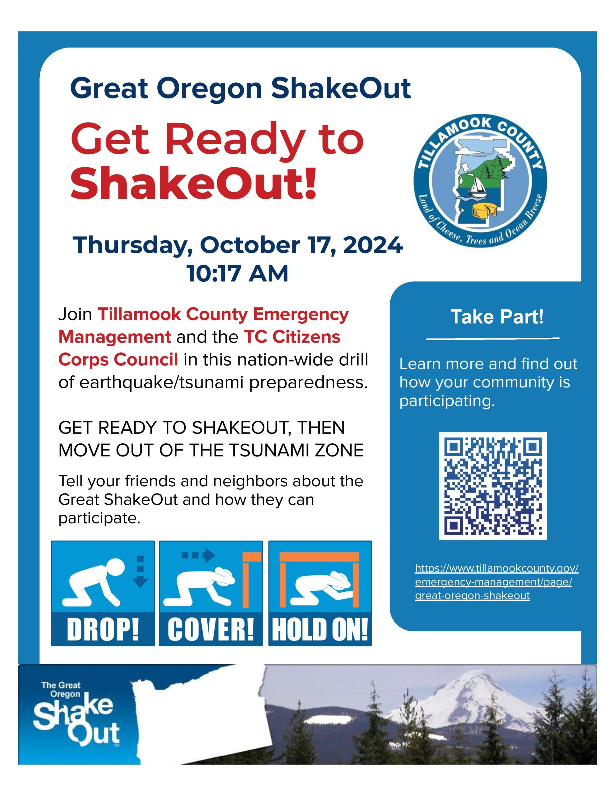 Prepare to exit, then move outside the tsunami zone; Tillamook County-wide earthquake and tsunami crater on October 17